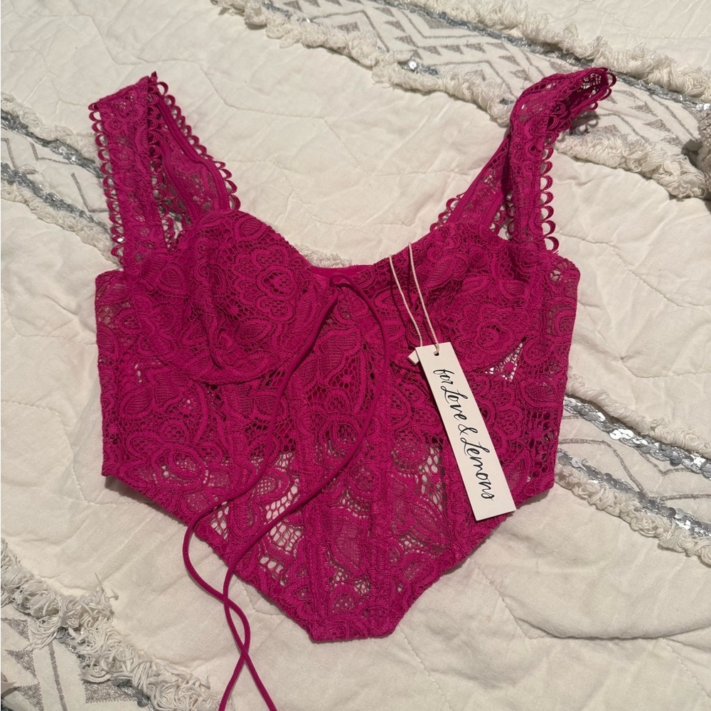 For Love & Lemons Pink Lace Bustier Top